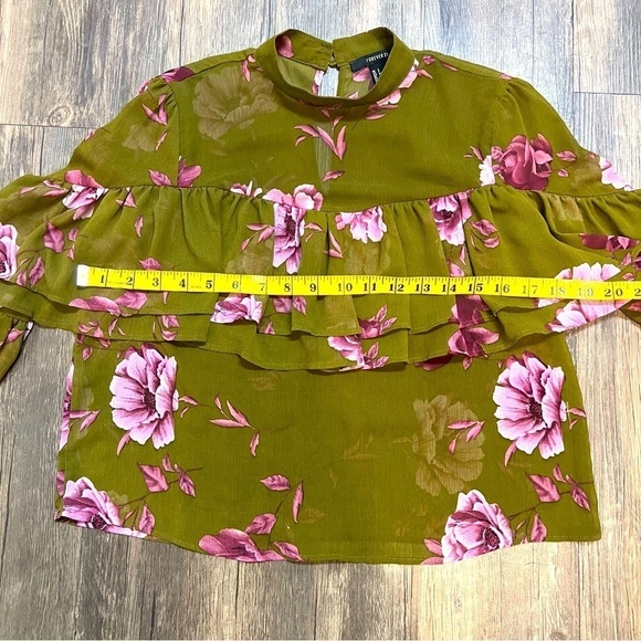 Forever 21 Green Floral Sheer Long Sleeves Ruffled Top Mock Neck Size S - Picture 9 of 13